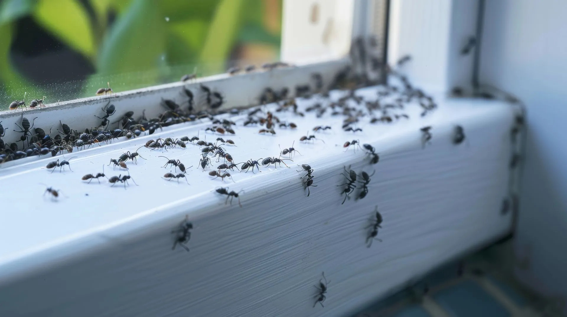 Fourmis alignées sur un rebord de fenêtre